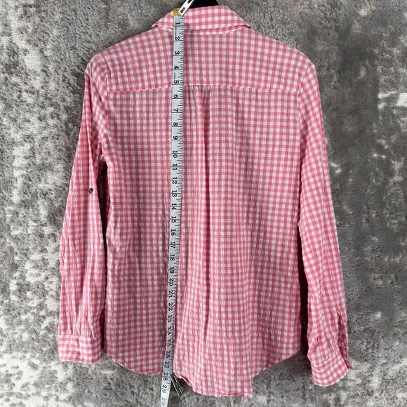 Kut From The Cloth Size XS Plaid V Neck Casual Button Top Pink Long Sleeve - Picture 3 of 8